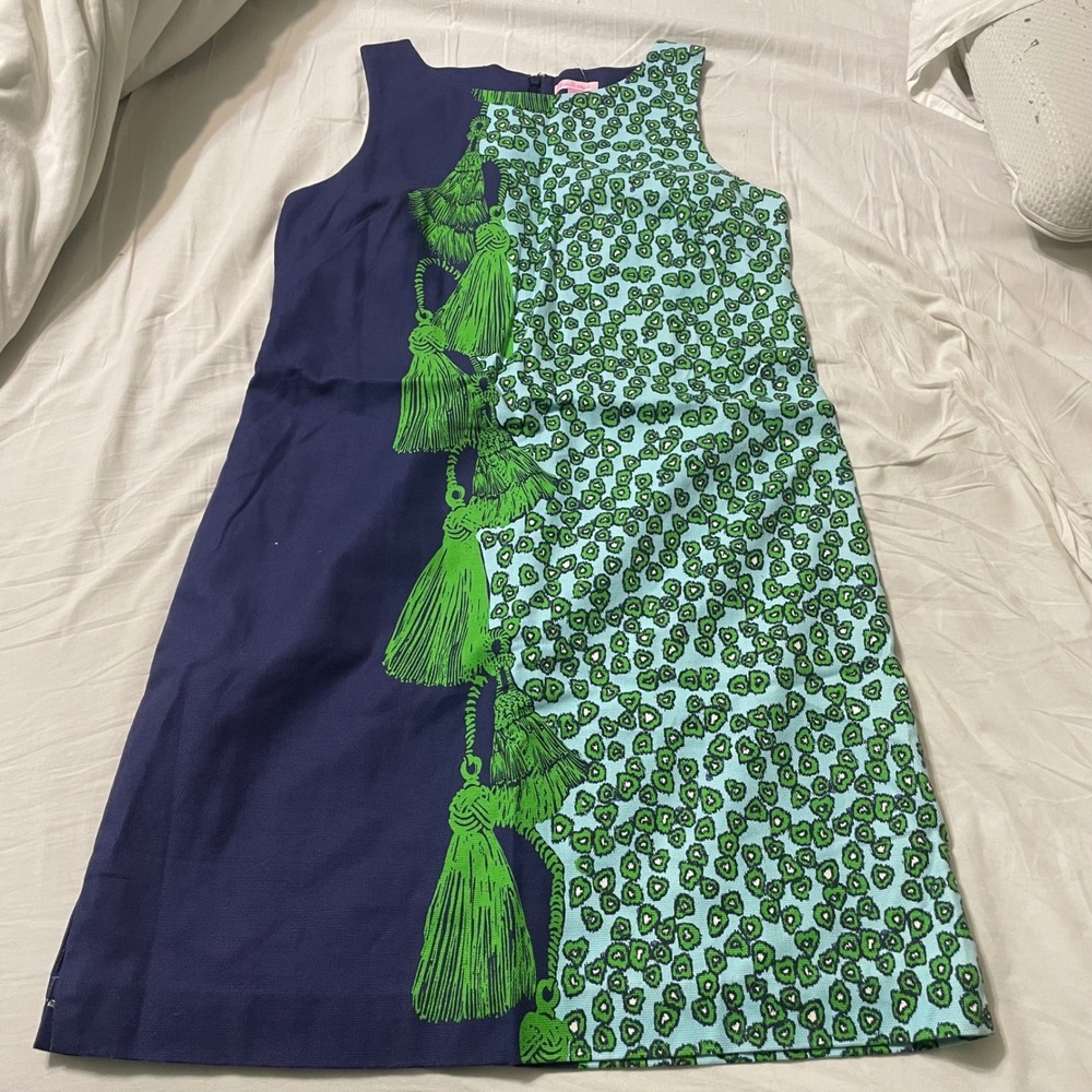 Lilly Pulitzer Shift Dress Womens 14 Navy Green Leopard Tassel 15796 Sleeveless